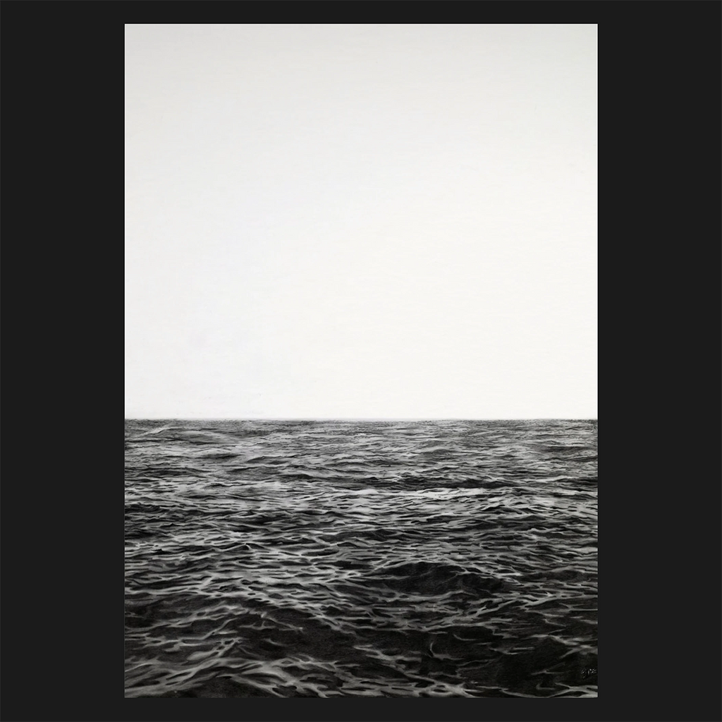 A minimalist black and white photorealistic drawing print depicting a calm ocean horizon under a pale, overcast sky, presented with a wide black border.