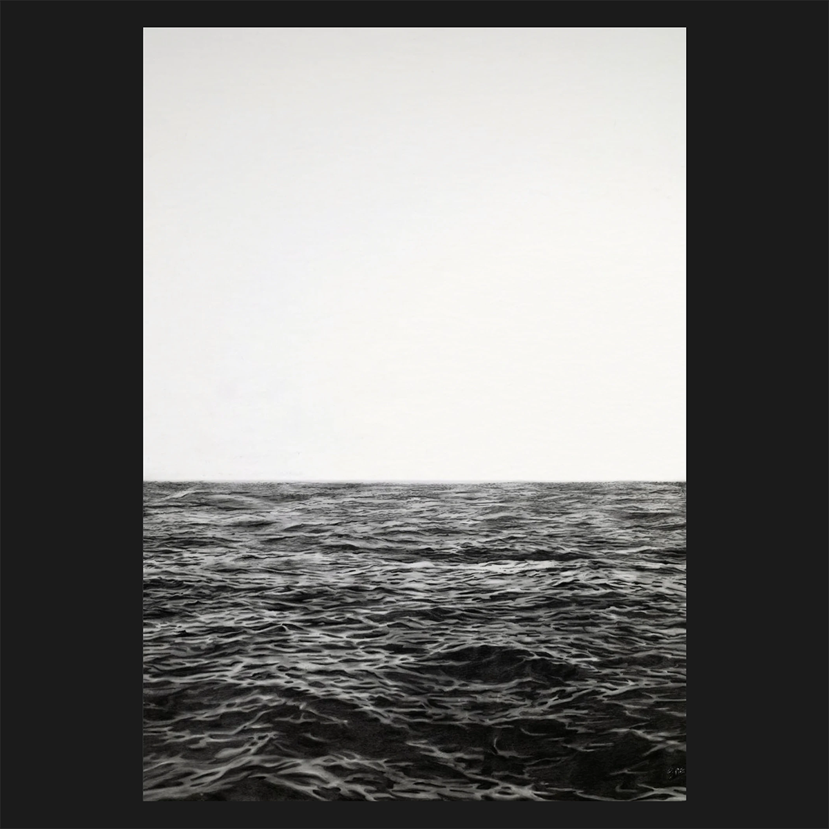A minimalist black and white photorealistic drawing print depicting a calm ocean horizon under a pale, overcast sky, presented with a wide black border.