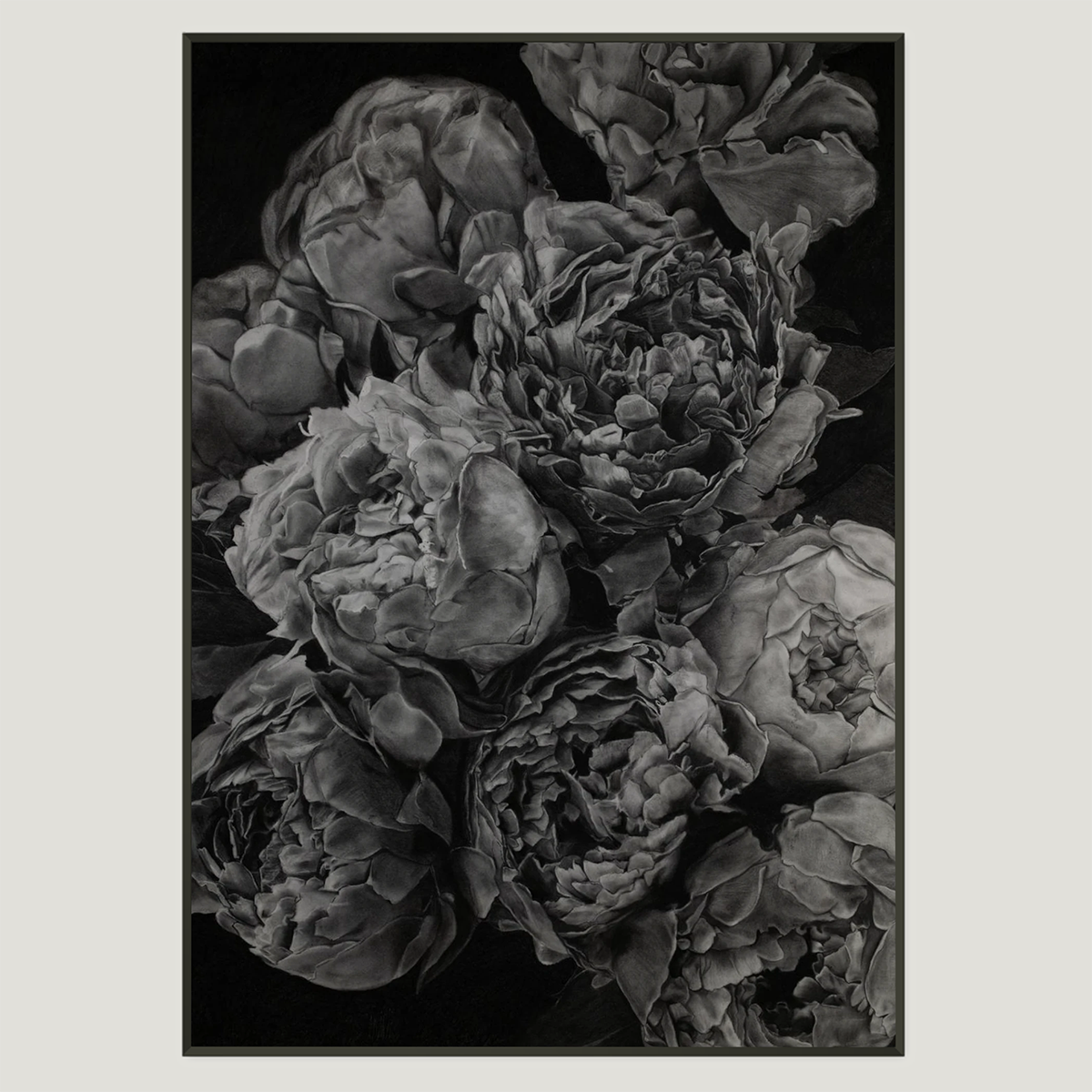 A black and white fine art print depicting a close-up of peony flowers, framed by a thin black border on a light gray background.