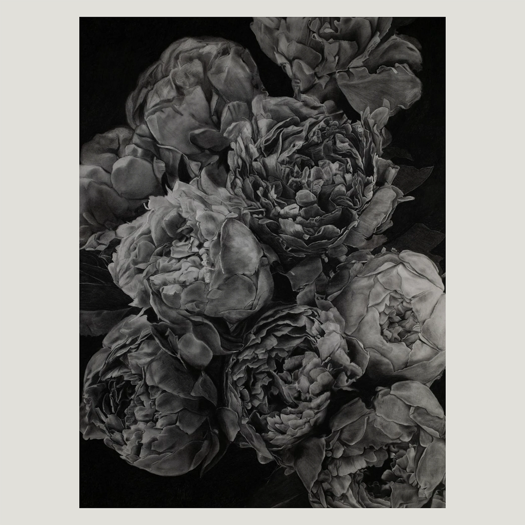 A black and white fine art print depicting a dense cluster of peony flowers with intricate, layered petals, presented on a light gray background.