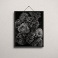 A framed black and white floral art print depicting peonies, hanging from a thin cord against a light textured wall.
