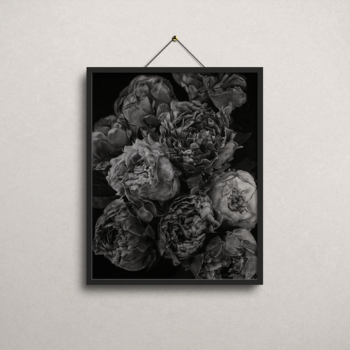 A framed black and white floral art print depicting peonies, hanging from a thin cord against a light textured wall.